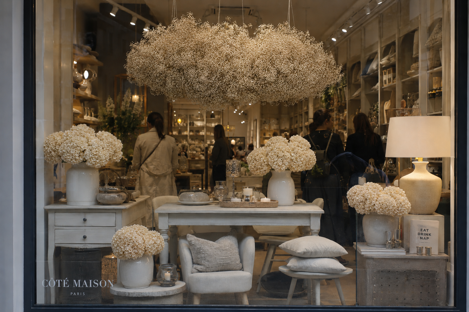 Preserved hydrangeas and gypsophila in a home decor shop window display